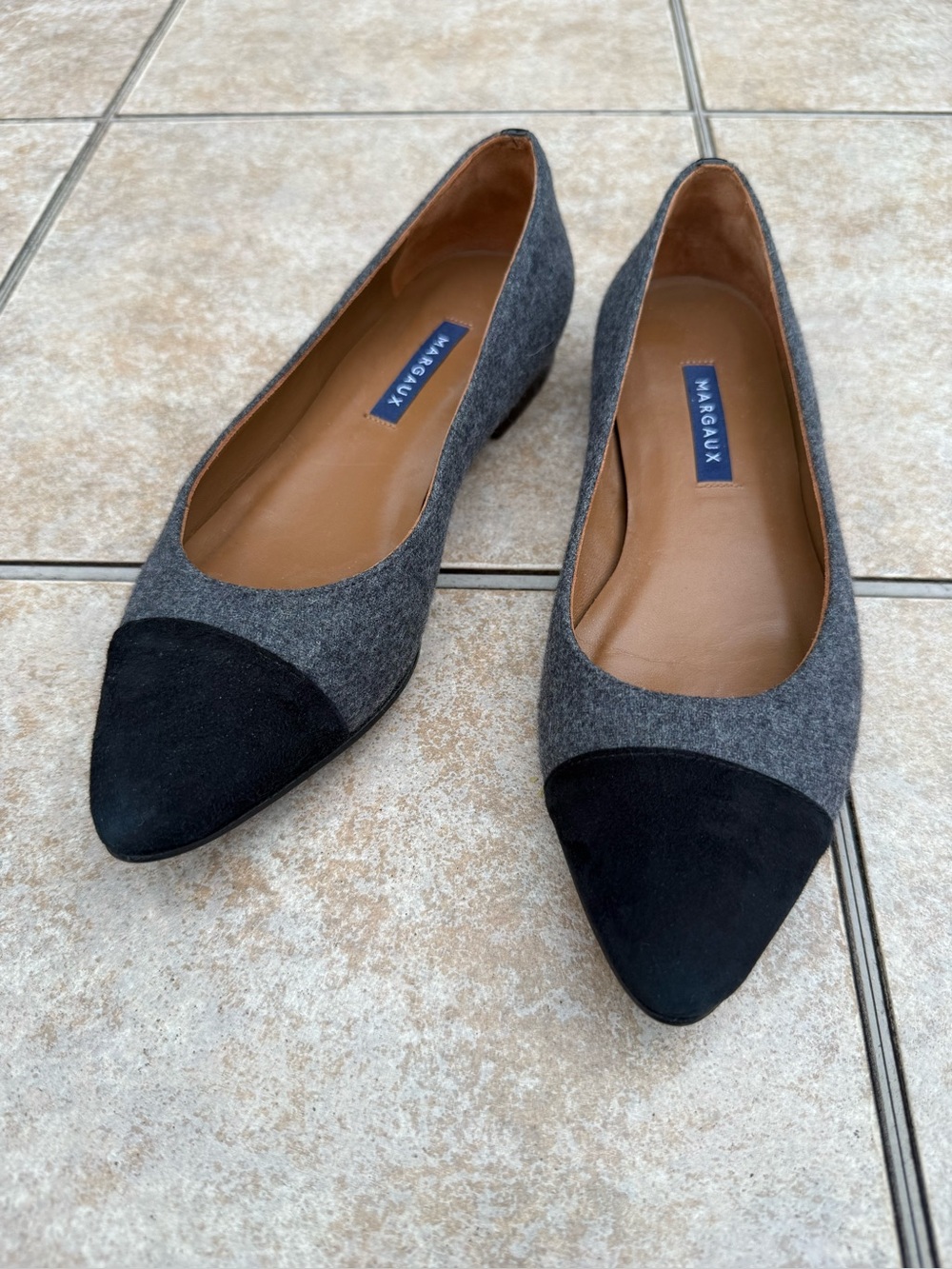 Margaux Gray Felt and Black Leather Pointed Toe Flats